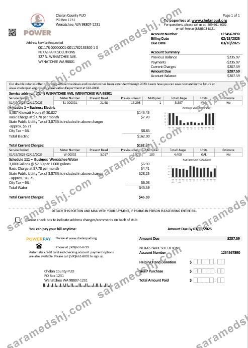USA Washington Chelan County PUD business utility bill template in Word and PDF formats